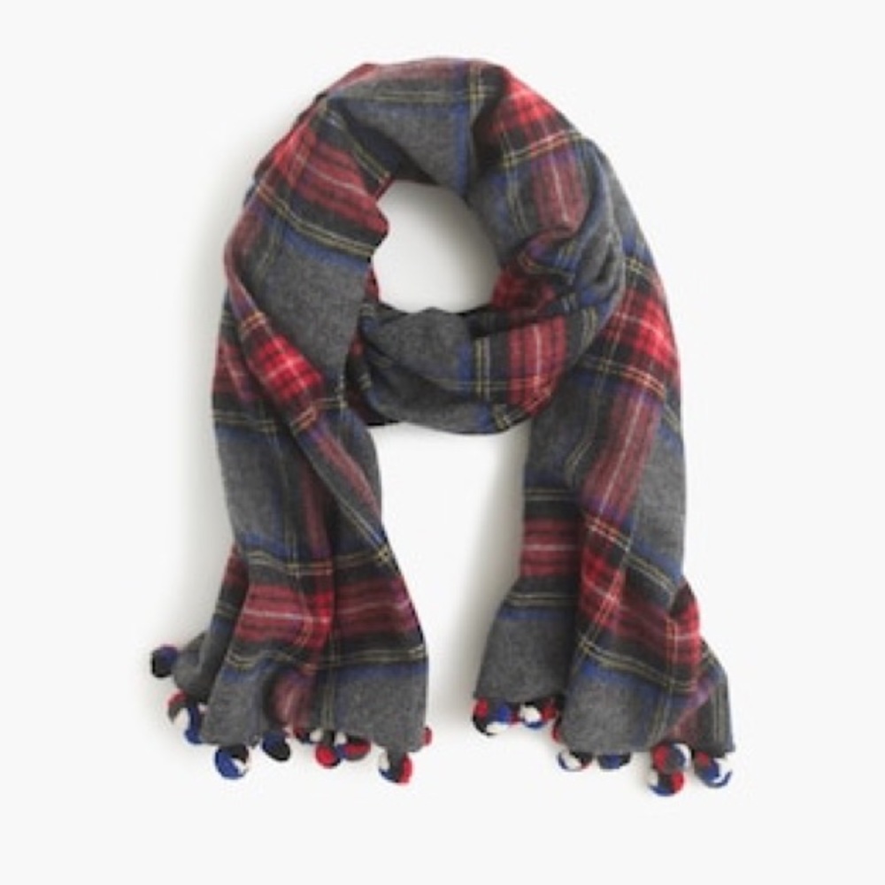 NWOT J.Crew Plaid Pom-Pom Scarf